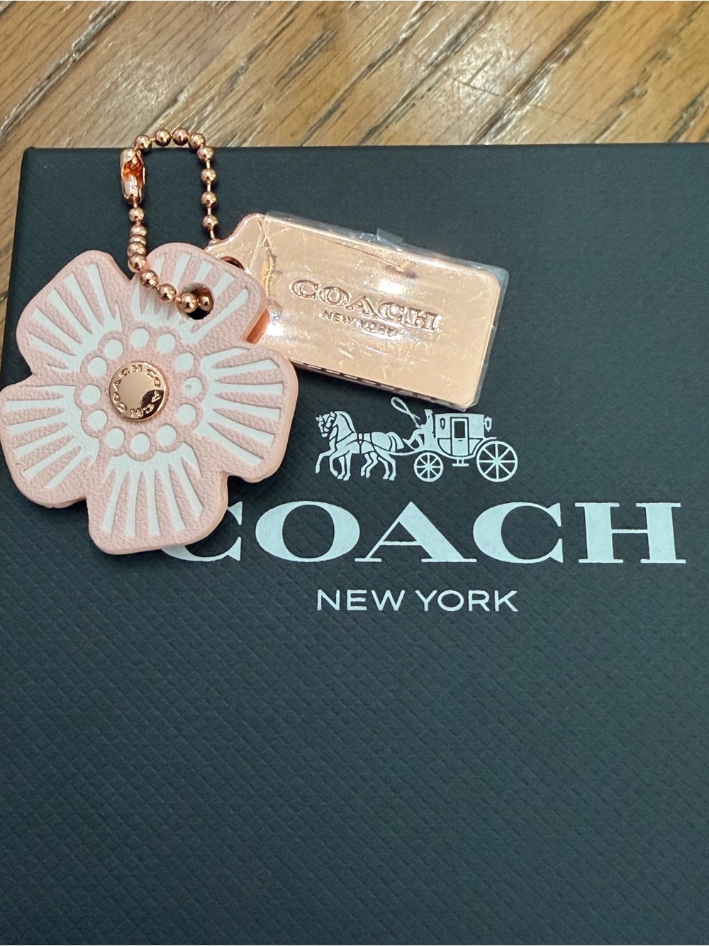 COACH Pink Flower Leather & Metal Hang Tag Keychain Charm